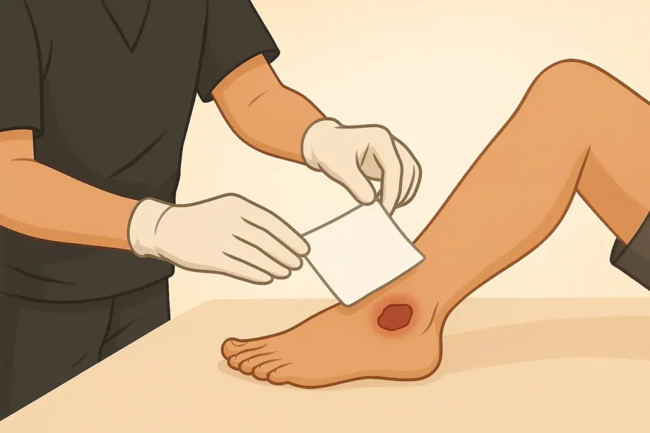 A graphical image of a chronic skin ulcer on a foot being treated