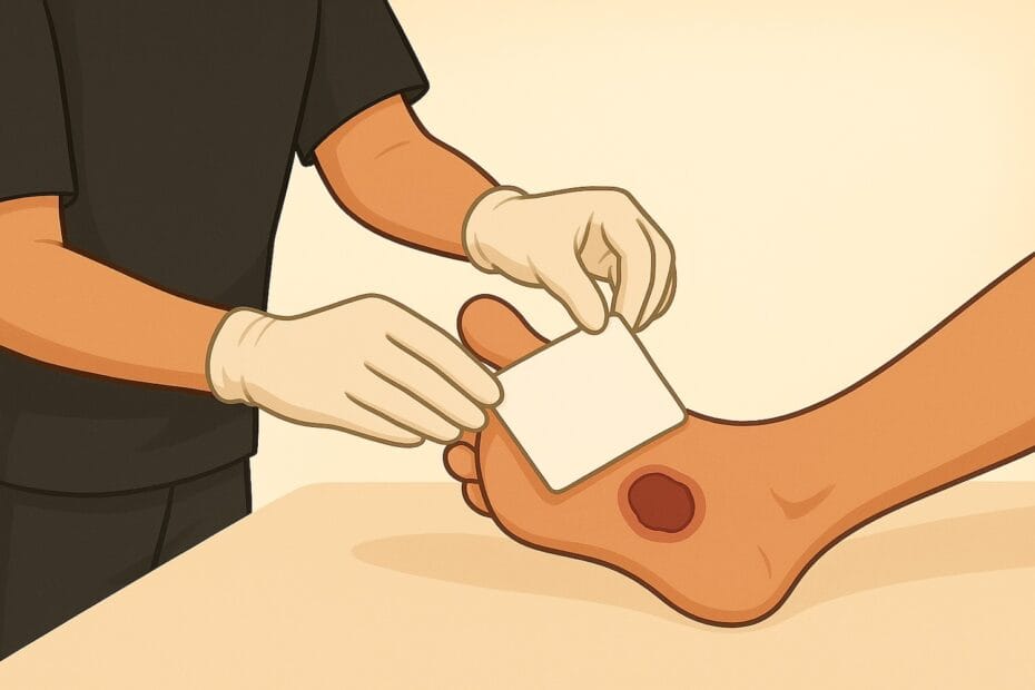 A graphic of a clinician bandaging a diabetic foot ulcer
