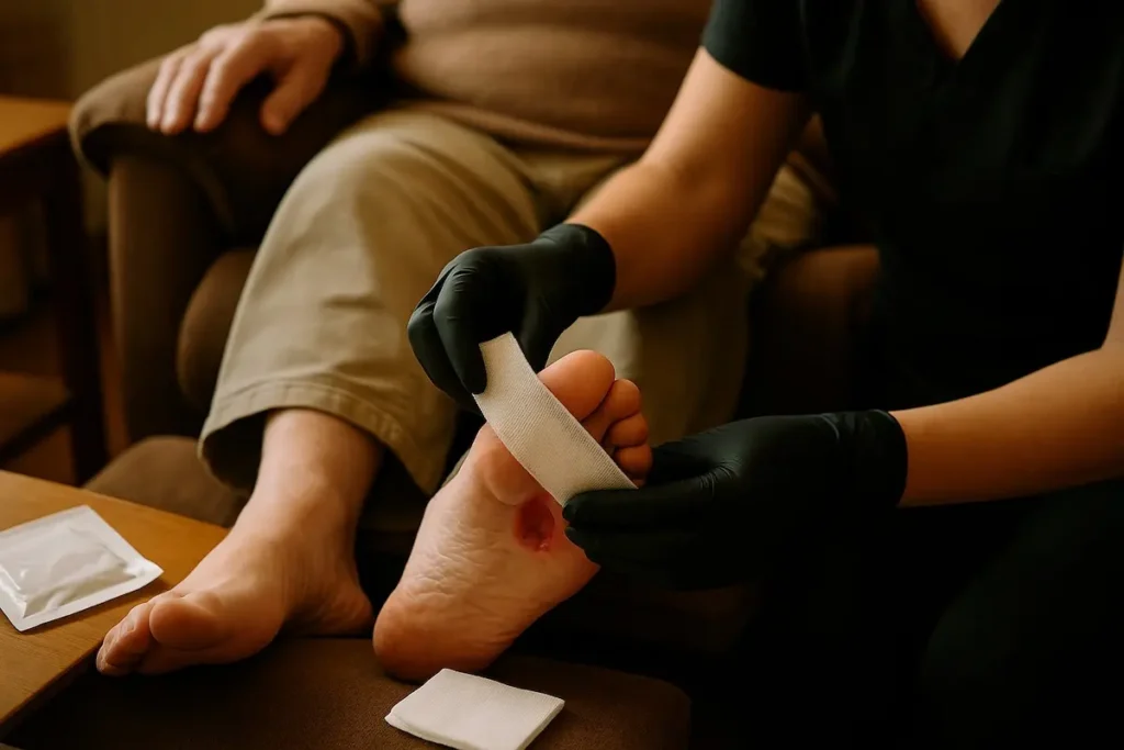 A clinical provider cares for a wound on the bottom of a foot.