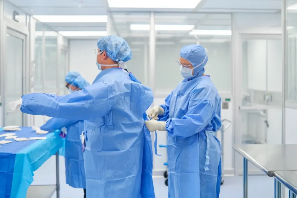 A team of technicians scrub in to work at an advanced biologics lab, where they create placental grafts for wound care.