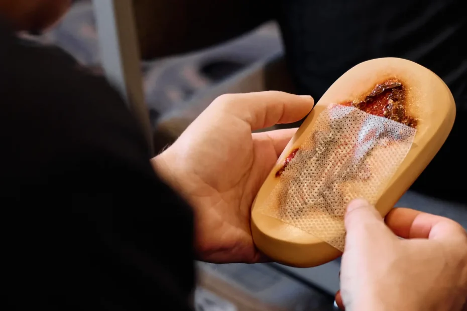 A nurse practitioner handles a model used for chronic wound care.