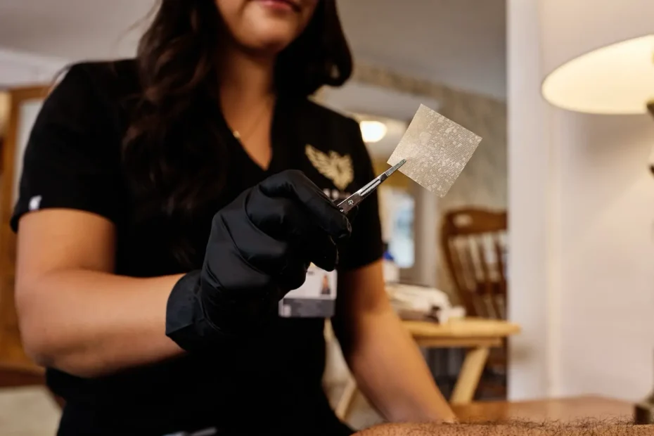 A Rebirth Advanced Healing clinician holds a graft with medical tweezers.