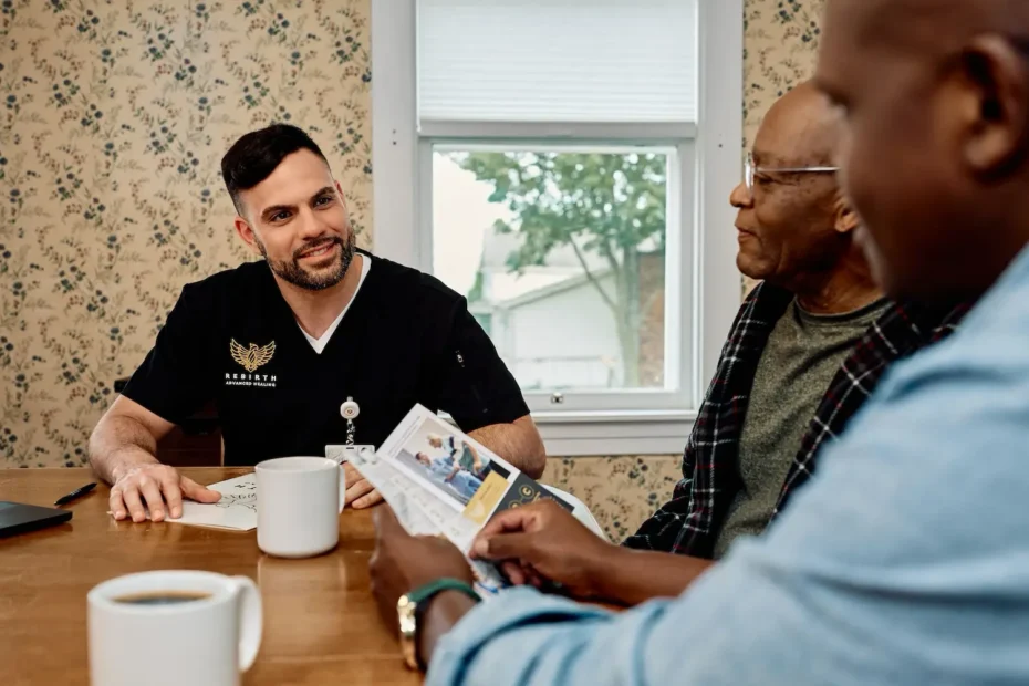 A Rebirth Advanced Healing clinician explains insurance to a patient and family member.