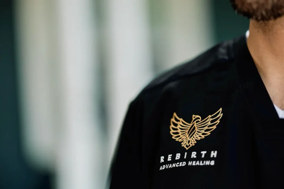 The Rebirth Advanced Healing logo on a scrub top worn by a clinician